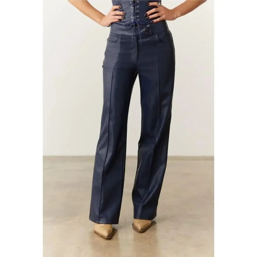 Peachy Den The Willow Faux Leather Wide Leg Trouser Pants Womens Size Small